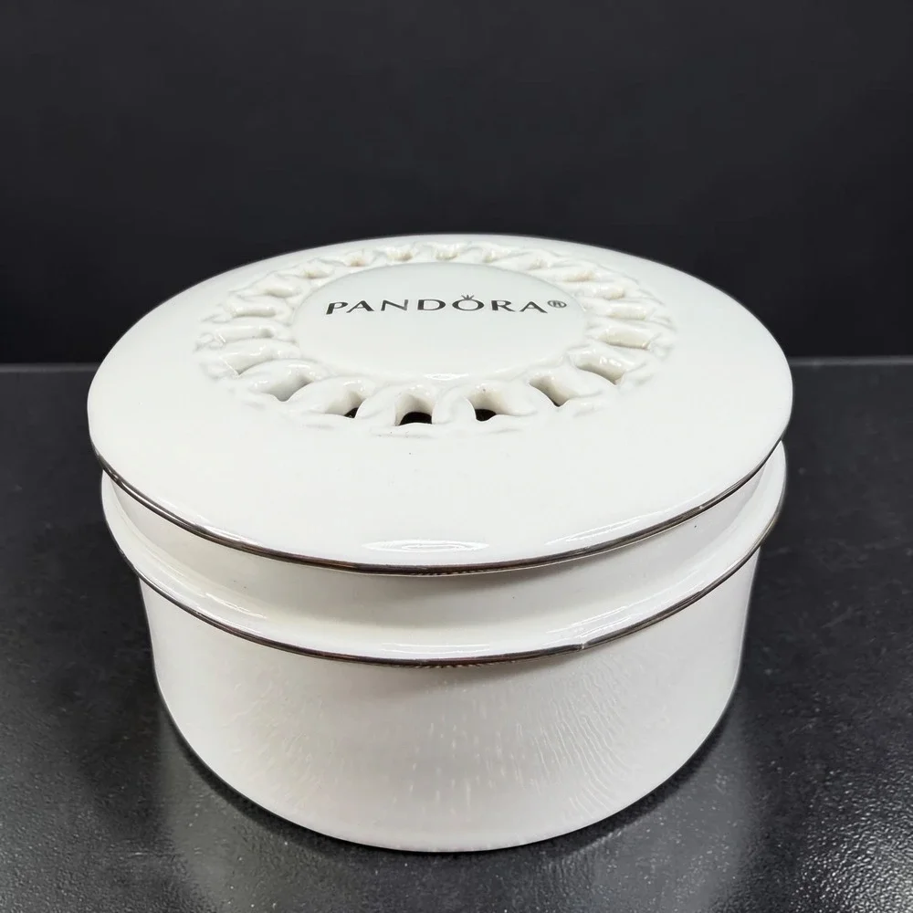 Pandora White Ceramic Round Jewelry Box Black Velvet Lining Lattice Lid 4 Inch